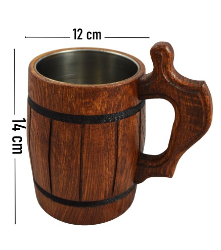 Wooden World Dark Brown Oak Beer Tankard with Metal Insert 1 Pint Oiled Wooden Mug