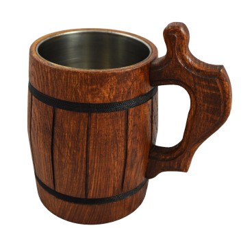 Wooden World Dark Brown Oak Beer Tankard with Metal Insert 1 Pint Oiled Wooden Mug