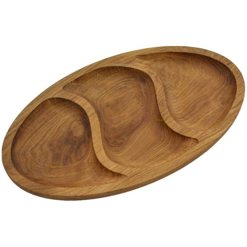 Wooden World Large Oak 3-Compartment Snack Serving Tray 35 cm – Oiled Oval Appetiser Platter