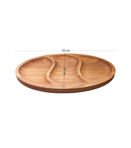 Wooden World Large Oak 3-Compartment Snack Serving Tray 35 cm – Oiled Oval Appetiser Platter