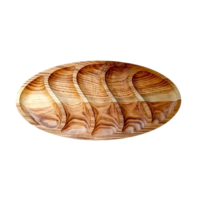 Wooden World Large Oak 5-Section Snack Serving Tray 55cm Oiled Wooden Appetiser Platter