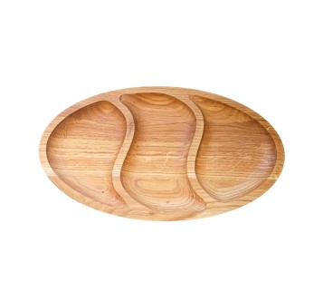 Wooden World Small Oak Wood 3-Compartment Snack Serving Tray 29cm Oiled Oval Appetiser Platter