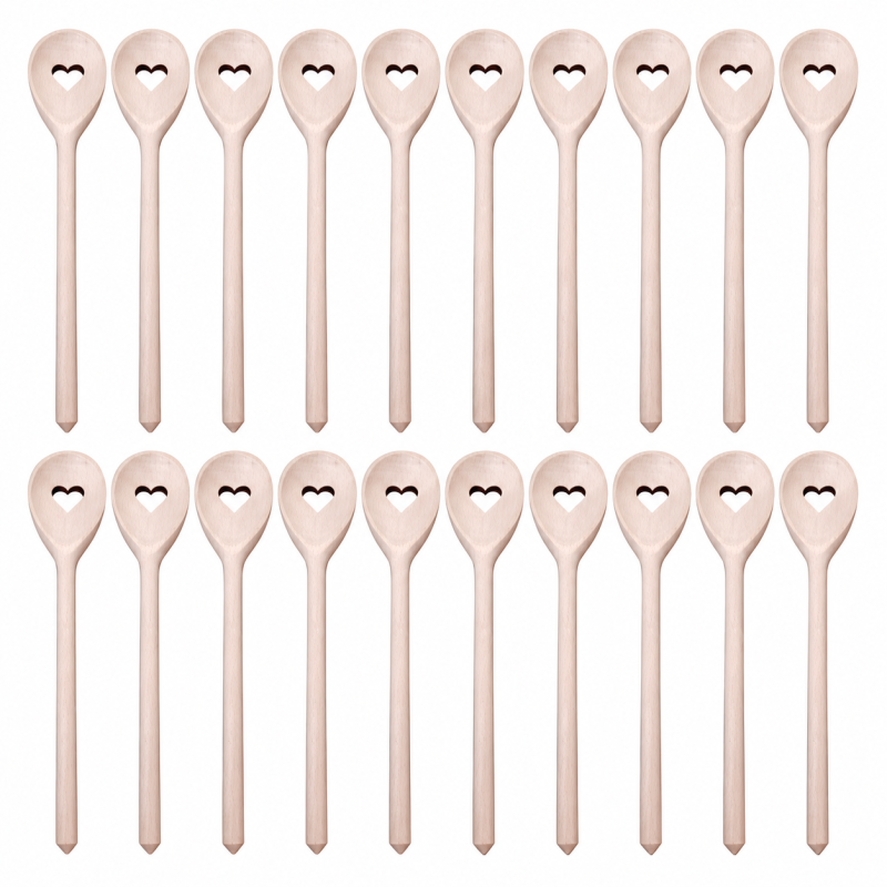 Wooden World Set of 20 Beech Wood Cooking Spoons with Heart Cut-Out 30cm – Wooden Kitchen Utensils for Cooking and Serving