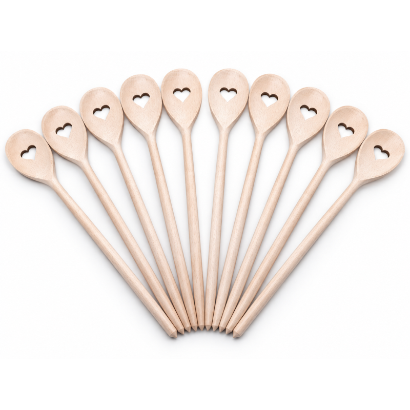 Wooden World Set of 10 Beech Wood Cooking Spoons with Heart Cut-Out 30cm – Wooden Kitchen Utensils for Cooking & Decoration