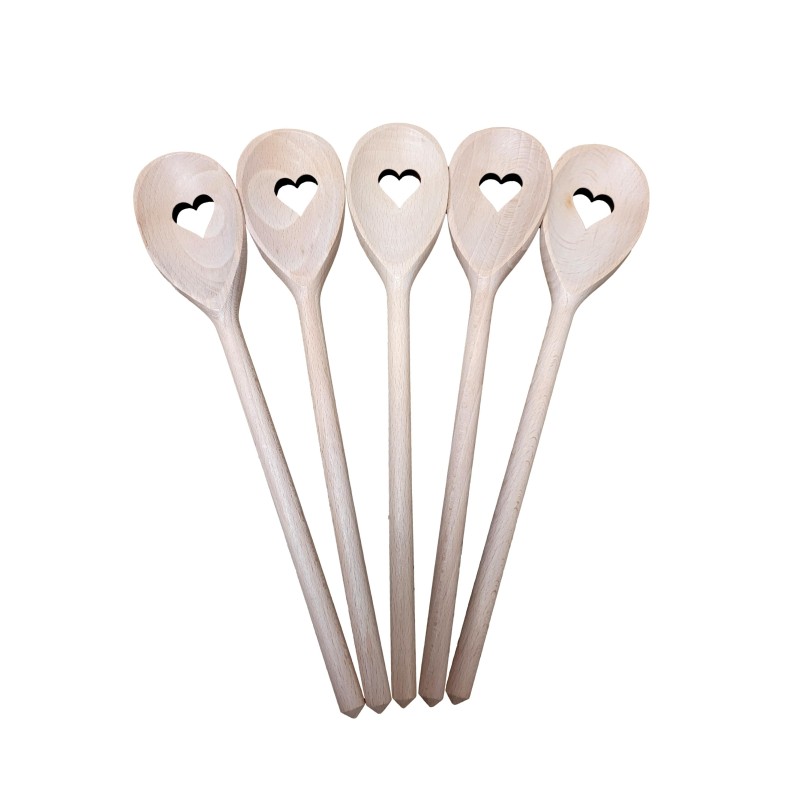 Wooden World Set of 5 Beech Wood Cooking Spoons with Heart Cut-Out 30cm - Wooden Kitchen Utensils