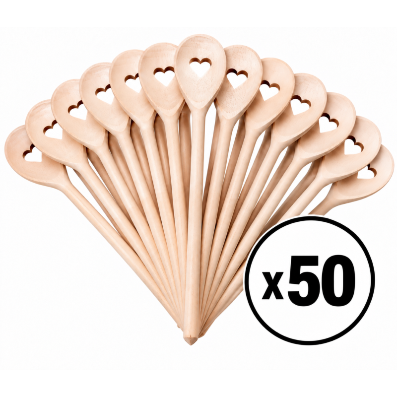 Wooden World Set of 50 Beech Wood Spoons with Heart Cut-Out 30cm – Wooden Cooking Utensils for Kitchen & Crafts