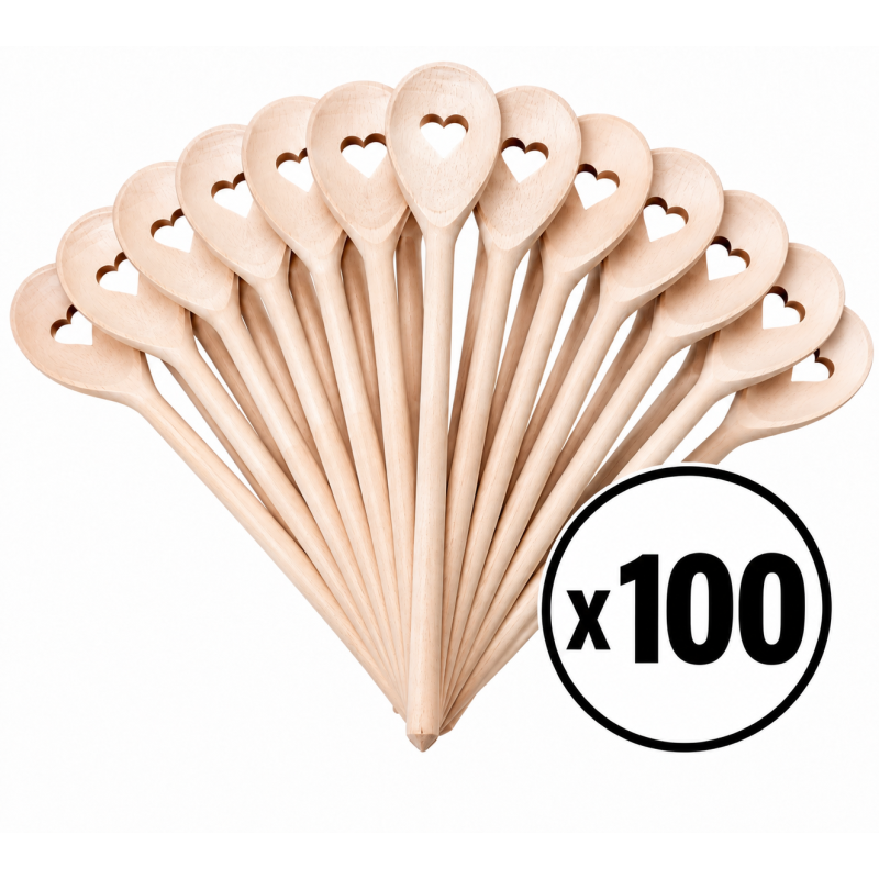 Wooden World Set of 100 Beech Wooden Spoons with Heart Cut-Out 30cm for Cooking, Stirring, Crafts and Wedding Favours