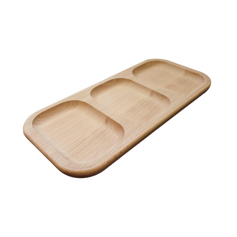 Wooden World 23cm Beech Wood 3 Section Serving Tray - Rectangular Snack Platter for Nuts, Dips and Appetisers