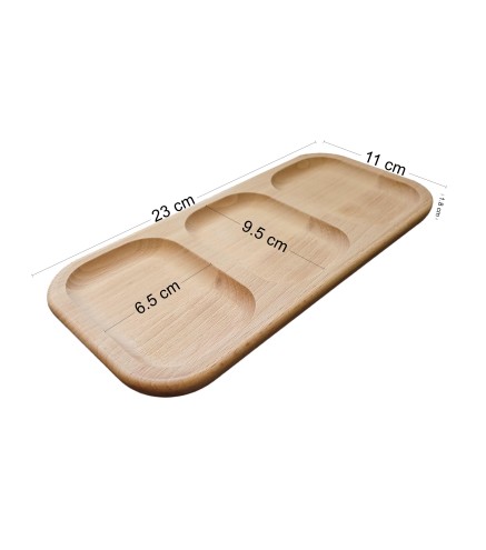 Wooden World 23cm Beech Wood 3 Section Serving Tray - Rectangular Snack Platter for Nuts, Dips and Appetisers