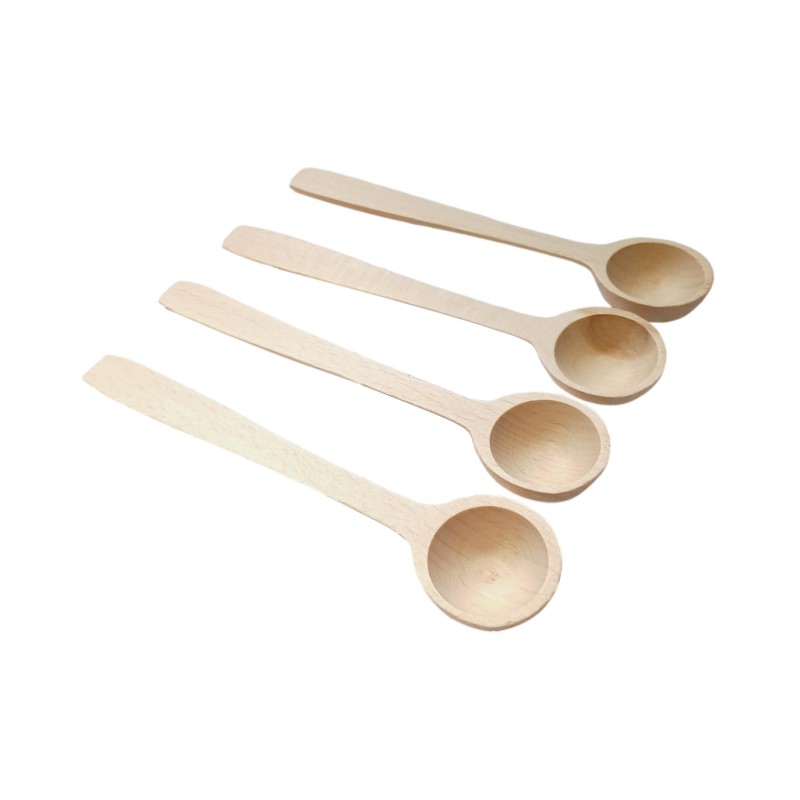 Wooden World - Set of 4 Small Deep Beech Wood Spoons 14 cm for Sugar Coffee Salt and Spices