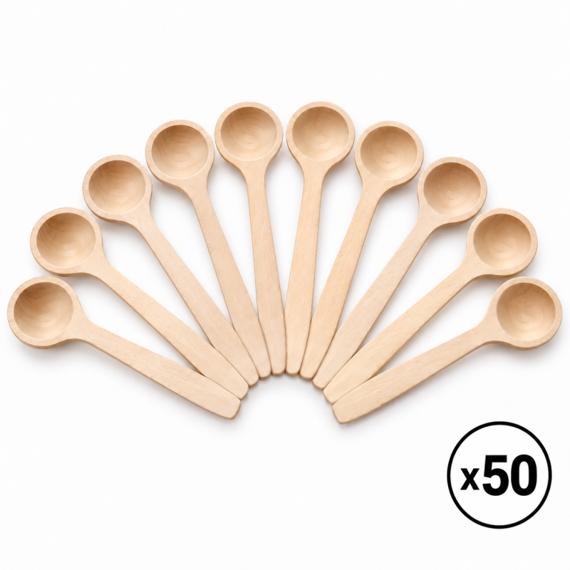 Wooden World - Set of 50 Small Deep Beech Wood Spoons 14 cm for Sugar Coffee Spices and Catering Wooden World - Set of 50 Small Deep Beech Wood Spoons 14 cm for Sugar Coffee Spices and Catering