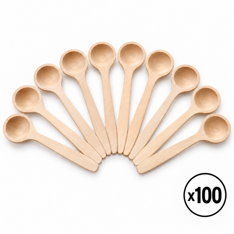 Wooden World - Set of 100 Small Deep Beech Wood Spoons 14 cm for Sugar Coffee Tea and Spices Wooden World - Set of 100 Small Deep Beech Wood Spoons 14 cm for Sugar Coffee Tea and Spices