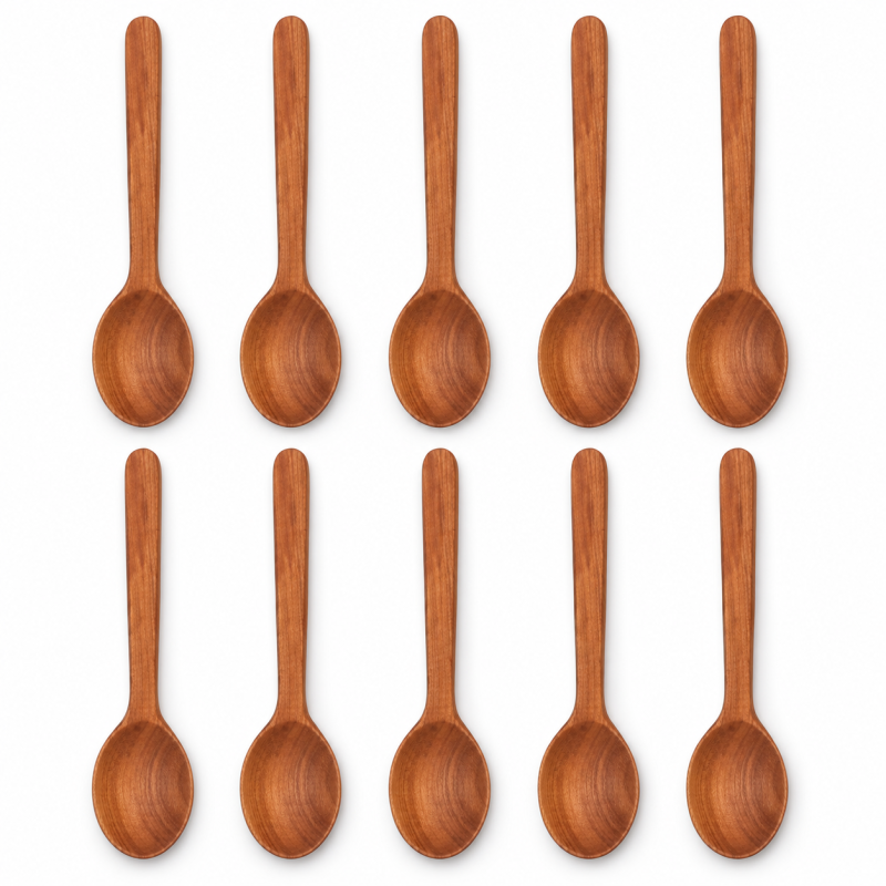 Wooden World - Set of 10 Cherry Wood Spoons 16 cm, Small Wooden Scoops for Sugar, Salt, Coffee & Spices Wooden World - Set of 10 Cherry Wood Spoons 16 cm, Small Wooden Scoops for Sugar, Salt, Coffee & Spices