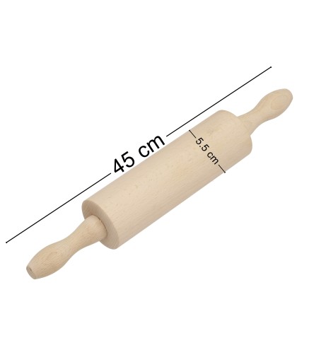 Wooden World - Beech Wood Rolling Pin 45 cm with Handles, Rotating Barrel for Pastry & Dough