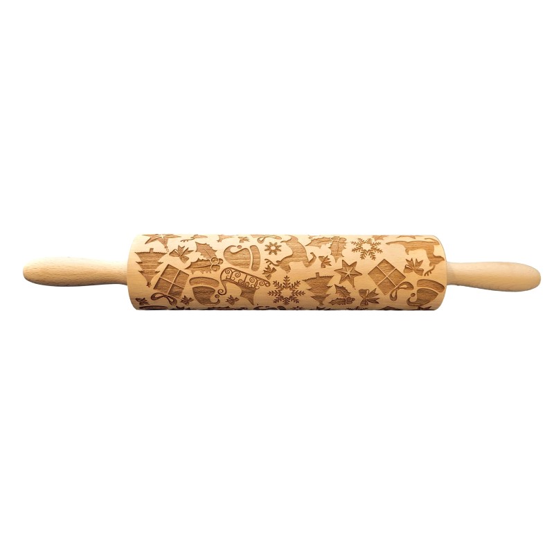 Wooden World - Christmas Engraved Beech Wood Rolling Pin 44 cm with Handles for Cookies & Gingerbread