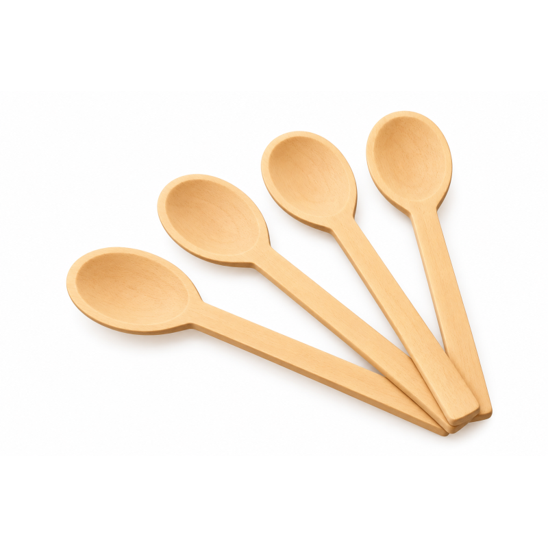 Wooden World - Set of 4 Beech Wooden Cooking Spoons 24 cm - Natural Unfinished Kitchen Utensils