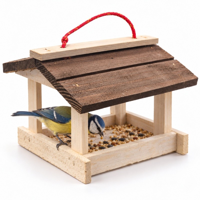 Wooden World - Handmade Hanging Wooden Bird Feeder with Roof, White and Brown Wooden World - Handmade Hanging Wooden Bird Feeder with Roof, White and Brown