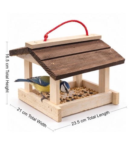 Wooden World - Handmade Hanging Wooden Bird Feeder with Roof, White and Brown