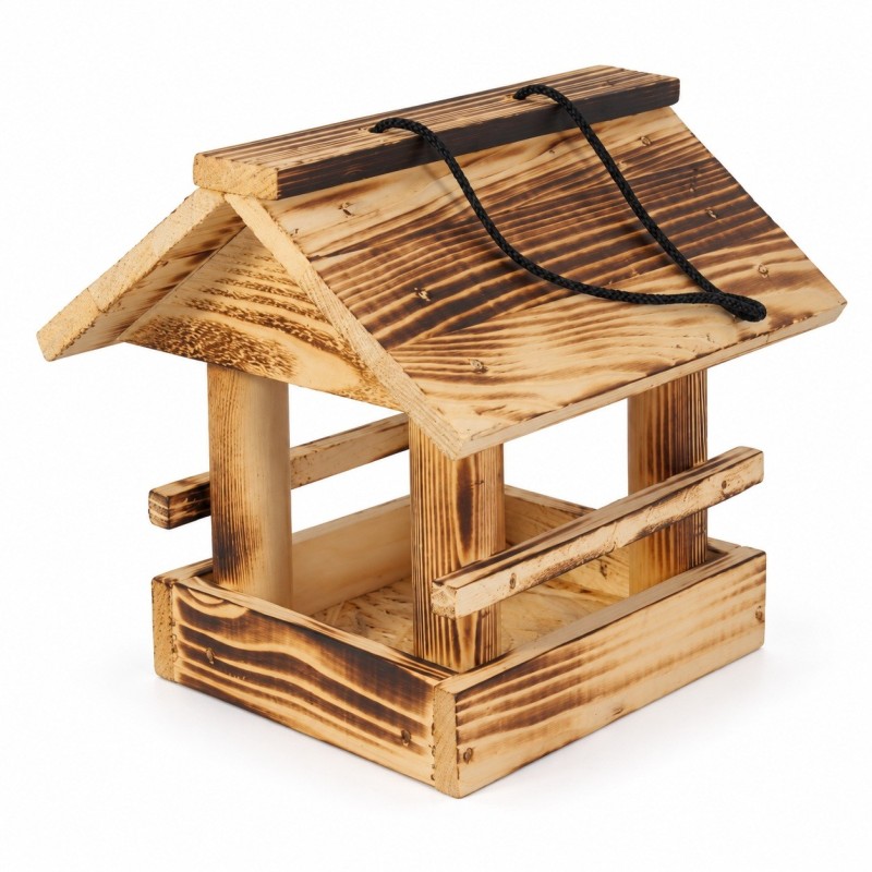 Wooden World - Small Wooden Bird Feeder with Roof & Hanging Cord, Rustic Scorched Finish