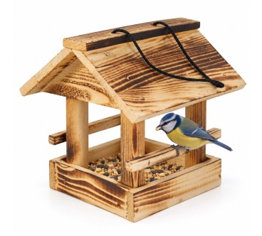 Wooden World - Small Wooden Bird Feeder with Roof & Hanging Cord, Rustic Scorched Finish