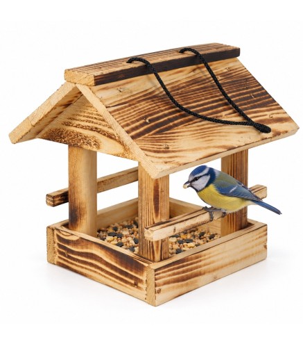Wooden World - Small Wooden Bird Feeder with Roof & Hanging Cord, Rustic Scorched Finish