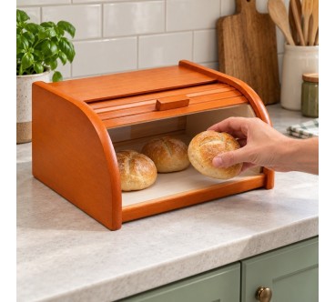 Small Orange Wooden Bread Bin with Roll Top | Wooden World