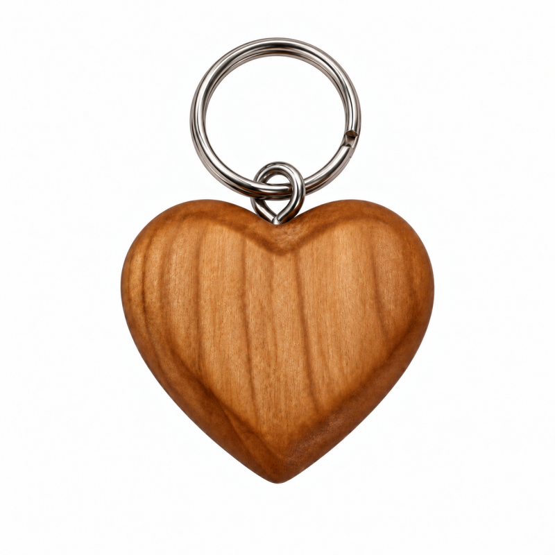Wooden World - Small Cherry Wood Heart Keyring with Metal Chain & Ring, Packs of 1, 5, 10, 50 or 100