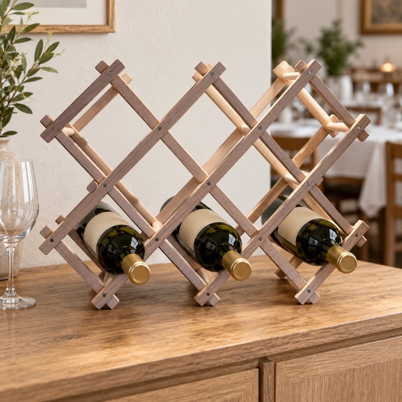 Wooden World - Folding Beech Wood Wine Rack for 10 Bottles