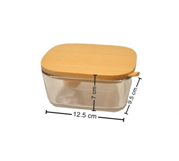 Glass Sugar Bowl with Wooden Lid & Spoon – 12.5 × 9.5 × 7 cm