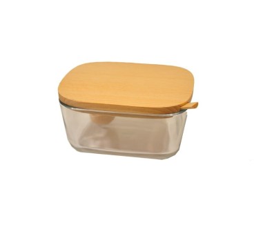 Glass Sugar Bowl with Wooden Lid & Spoon – 12.5 × 9.5 × 7 cm