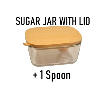 Glass Sugar Bowl with Wooden Lid & Spoon – 12.5 × 9.5 × 7 cm