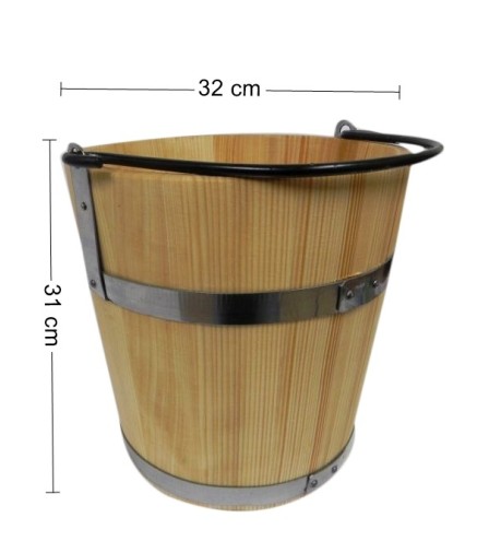 Fir Wood Bucket 15L with Metal Handle – Large Decorative and Functional Wooden Pail with Steel Bands