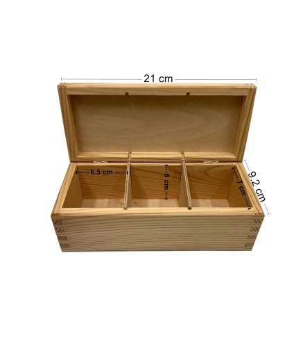 Wooden Tea Box – 3 Compartments – Natural Pine – Handmade in UK – Smooth Raw Finish – Storage for Tea, Herbs