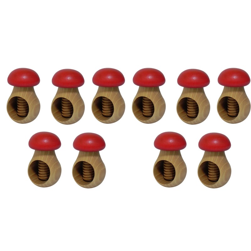 Set of 10 Wooden Mushroom Nutcrackers – Red Top – Beech Wood for Autumn Decoration, Christmas Gift & Kitchen Use