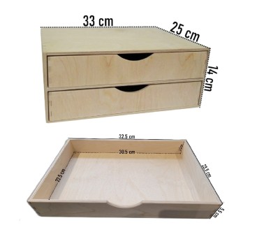 Wide Plywood Drawer Box A4 Size – Desk Organizer with 2 Drawers for Office, Craft & Storage – 33x25x14 cm