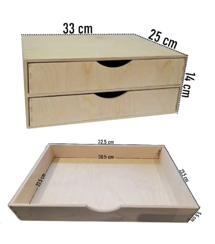 Wide Plywood Drawer Box A4 Size – Desk Organizer with 2 Drawers for Office, Craft & Storage – 33x25x14 cm