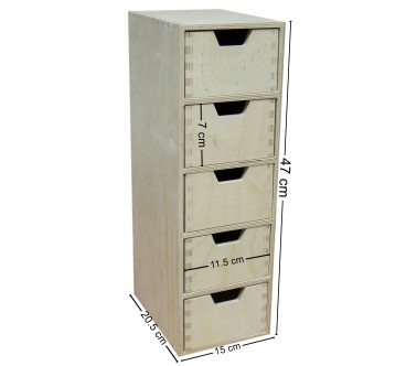 Tall Plywood Chest with 5 Drawers – Vertical Desk & Craft Organizer – 47x20.5x15 cm