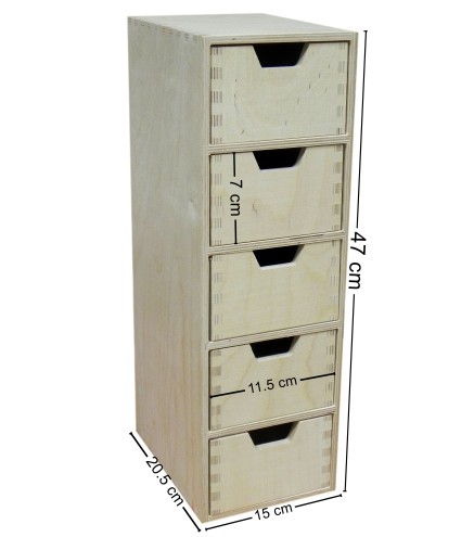 Tall Plywood Chest with 5 Drawers – Vertical Desk & Craft Organizer – 47x20.5x15 cm